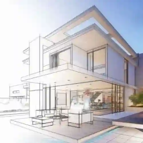 Render de Diseño Arquitectónico y Planos Ejecutivos en Milpa Alta Boceto digital que transiciona a render de edificio moderno. Expertos en diseño arquitectónico y elaboración de planos ejecutivos para proyectos en Milpa Alta, CDMX.