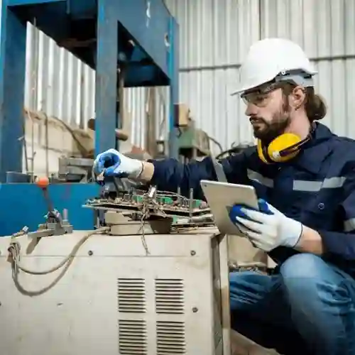 Ingeniero realizando Mantenimiento Preventivo Industrial con Tablet Especialista realizando inspección y mantenimiento preventivo y correctivo industrial en maquinaria de planta con uso de tecnología en La Magdalena Contreras, CDMX.