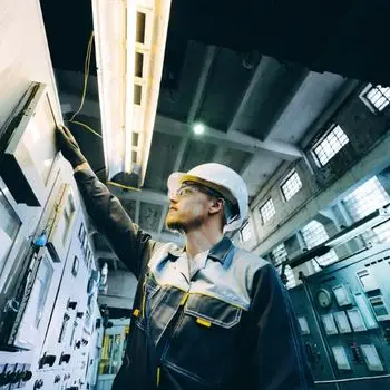 Ingeniero de Quantumef revisando un panel de control en una planta logística de Vallejo, Alcaldía Azcapotzalco, como parte del contrato anual de Mantenimiento Industrial, incluyendo Impermeabilización de techos y Pintura Industrial.