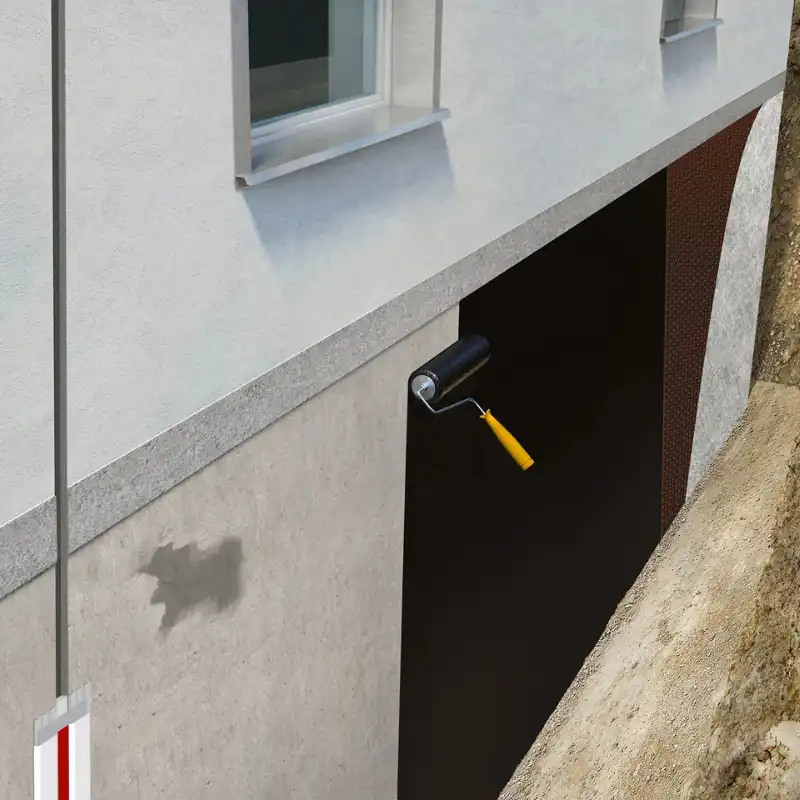 Ilustración de un muro semi-enterrado con un rodillo aplicando un recubrimiento negro protector. Este sistema se usa para la contención de la humedad lateral y salitre en muros y fachadas de edificios corporativos en Naucalpan e Interlomas/Huixquilucan.